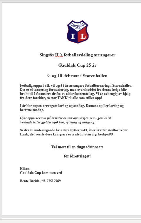 Bemanningslister Gauldalscupen 2019